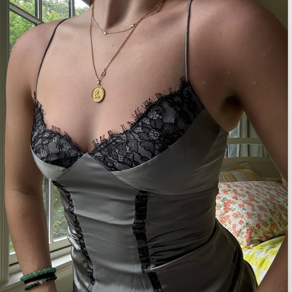 Diane Von Furstenberg Charcoal Satin Chemise with Black Lace